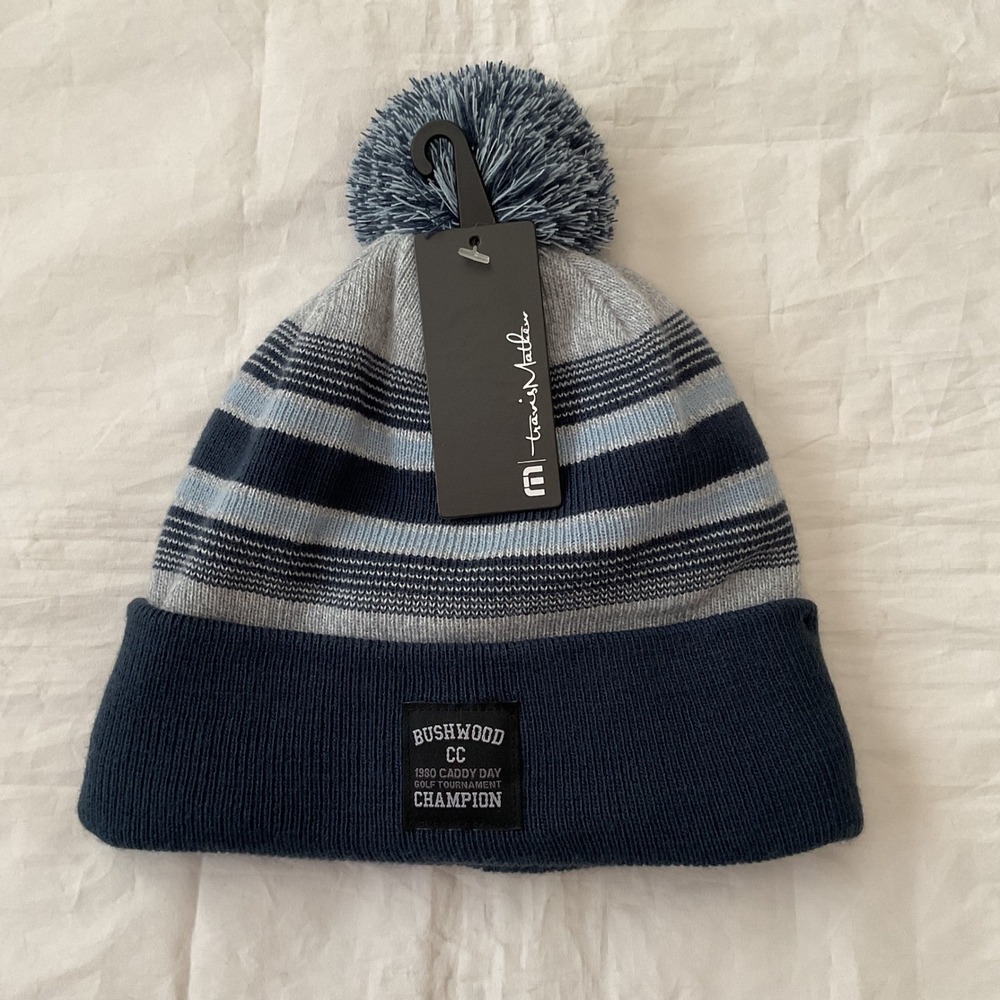 Travis Mathew Men Golf Beanie Hat Pom Pom Blue Grey Stripes Bushwood CC Champion